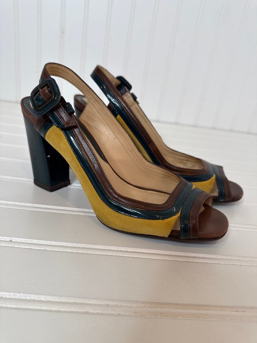 Cole Haan Nike Air Celeste Sandals Heels Peep Toe Gold Green Brown Size 7.5